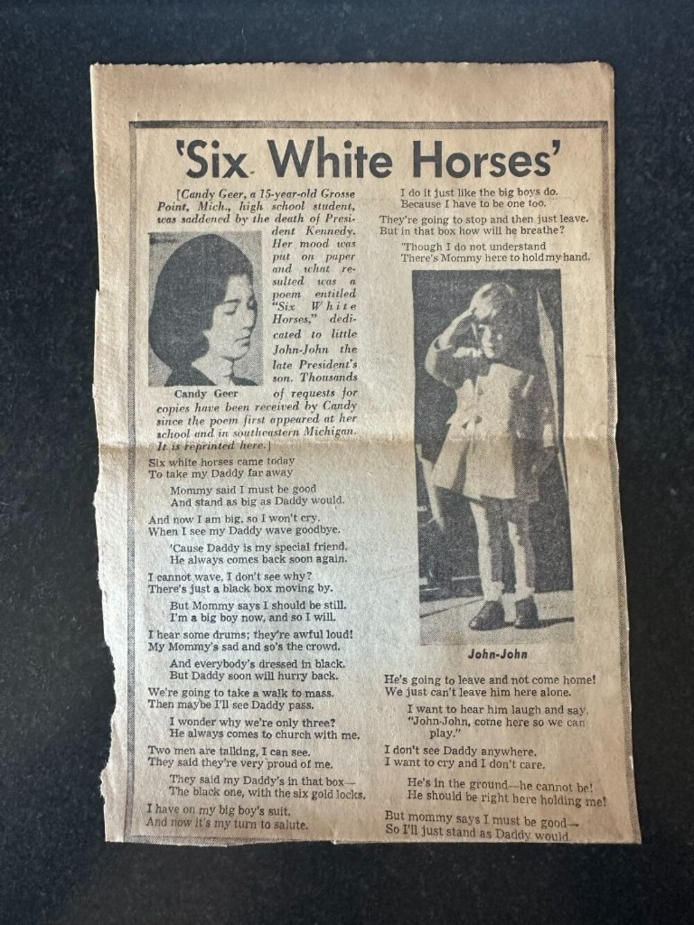 1964 JFK John F. Kennedy “Six White Horses” Poem Vintage Newspaper Clipping